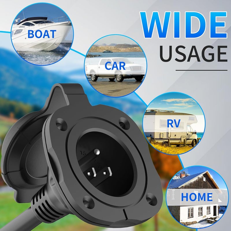 BEBOBLY 15 Amp AC Port Plug, 125V Power Inlet Socket with Waterproof Cover & Integrated Dual 18" Extension Cord, 2 Pole 3-Wire NEMA 5-15 Flanged Generator Inlet Plug for RV Boat Electrical Connections - Image 4